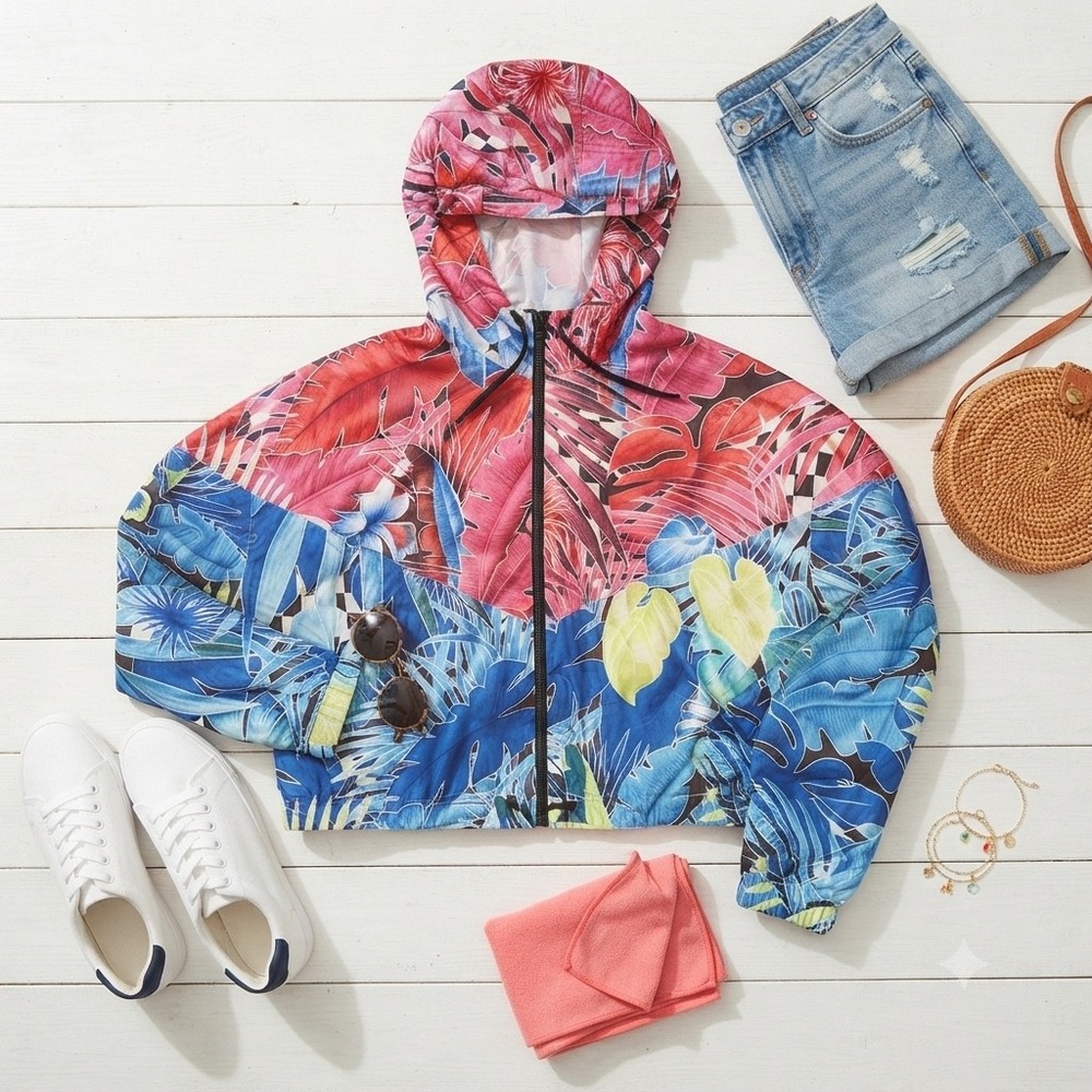 Nike Womens Tropical Floral Windbreaker Jacket Full Zip Hooded Pink Blue XL